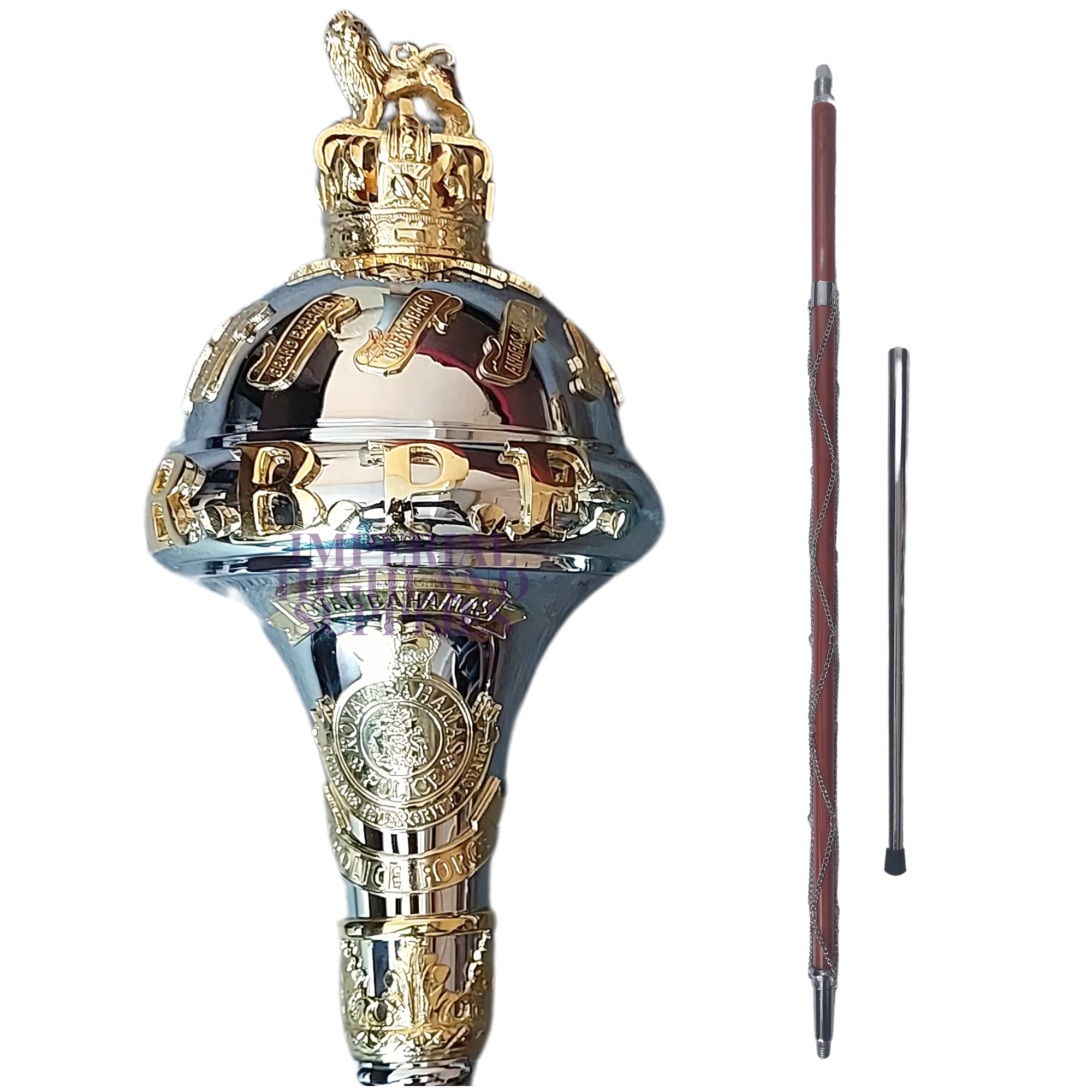 Custom Made Drum Major Mace Stave With Scrolls & Crown Top Royal Bahamas Police Force