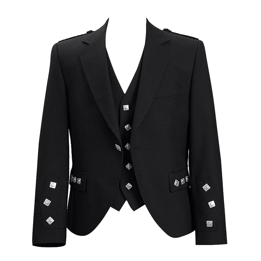 Argyll Jacket Black Barathea Wool Fabric With 5 Button Vest Prince Charlie Style Cuffs - Imperial Highland Supplies