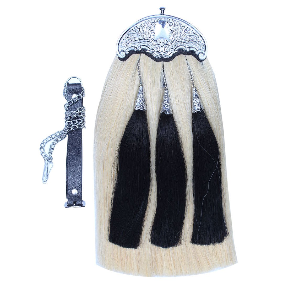 Original Long Horse Hair Sporran White Body 3 Black Tassels - Imperial Highland Supplies