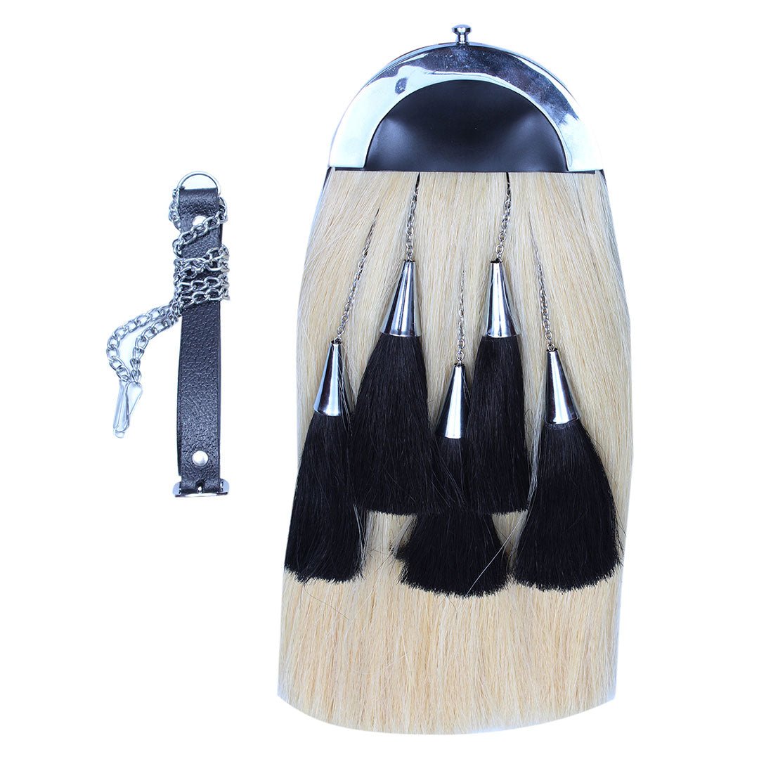 Original Long Horse Hair Sporran White Body with 5 Black Tassels - Imperial Highland Supplies