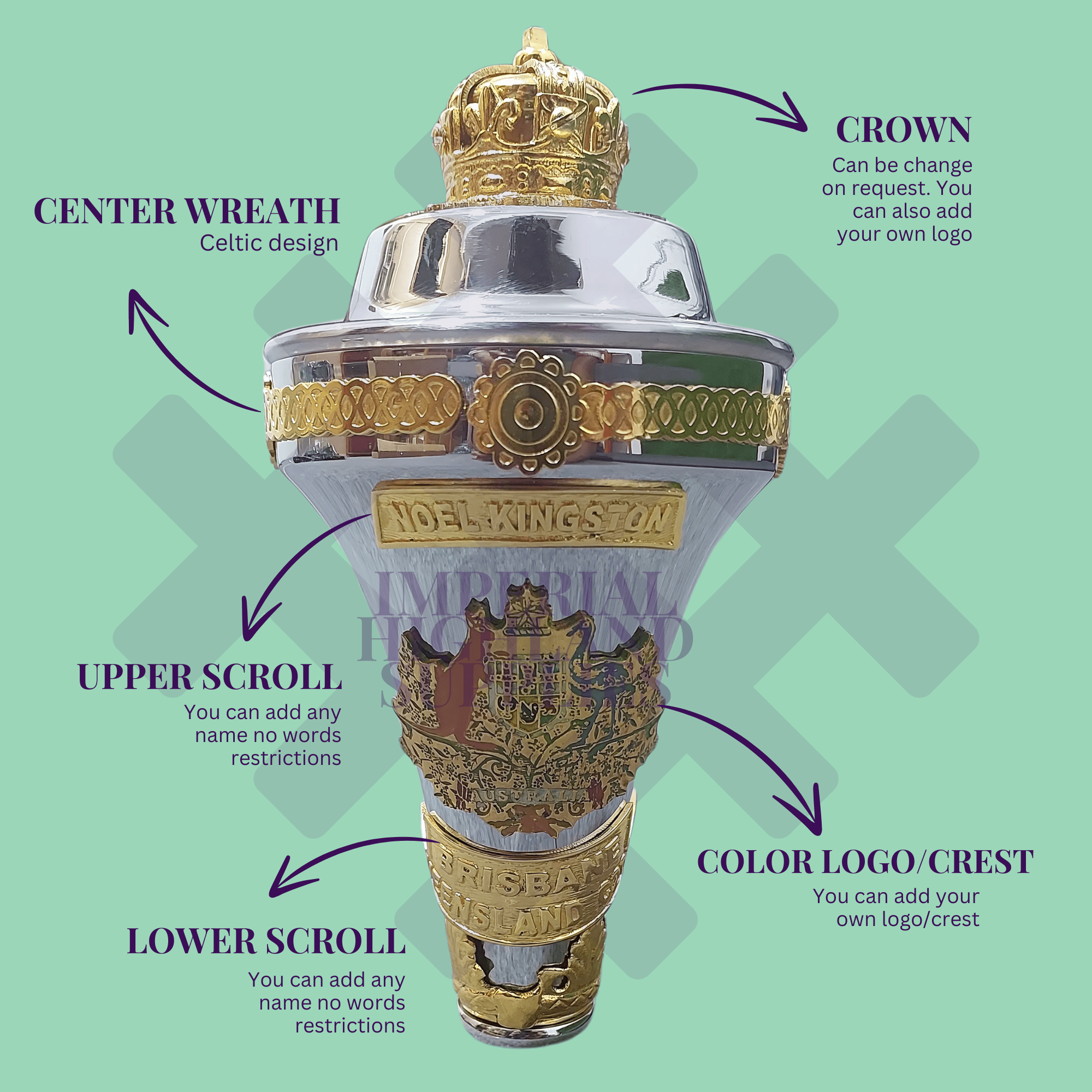Custom Made Drum Major Mace Stave With Scrolls & Crown Top