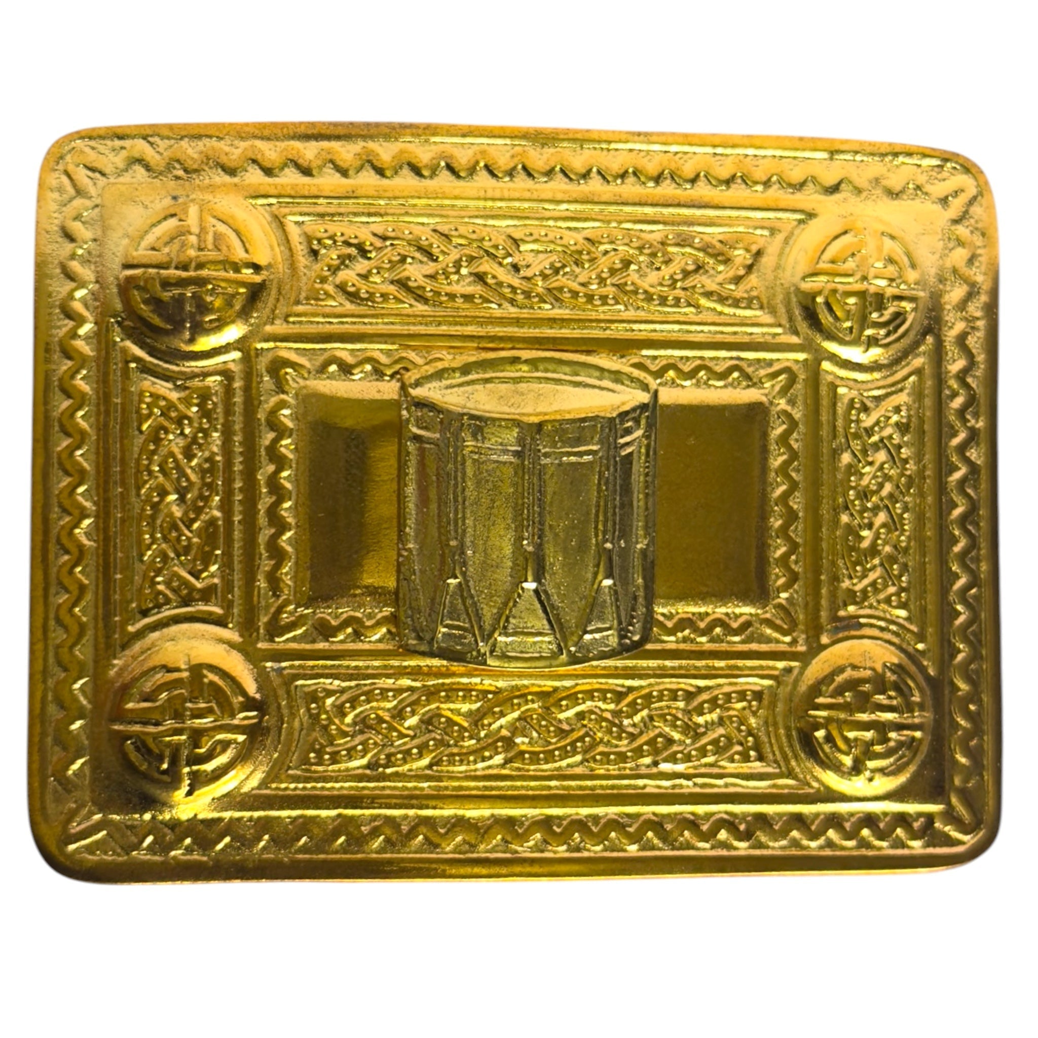 Celtic Design Kilt Belt Buckle Gold Color Drum Badge - Imperial Highland Supplies