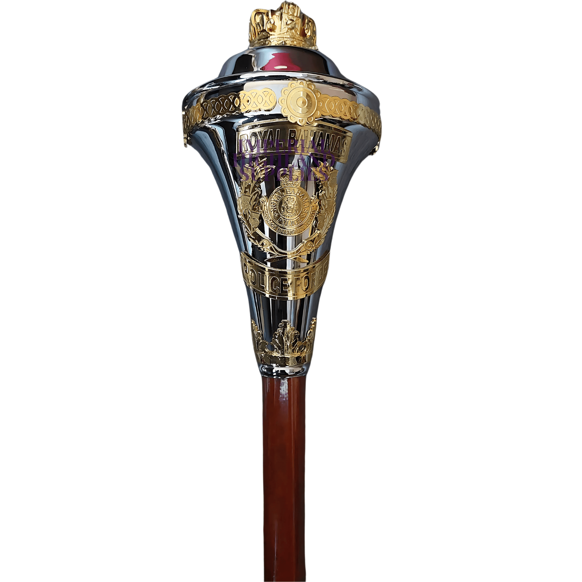 Custom Made Drum Major Mace Stave With Scrolls & Crown Top Royal Bahamas Police Force - Imperial Highland Supplies