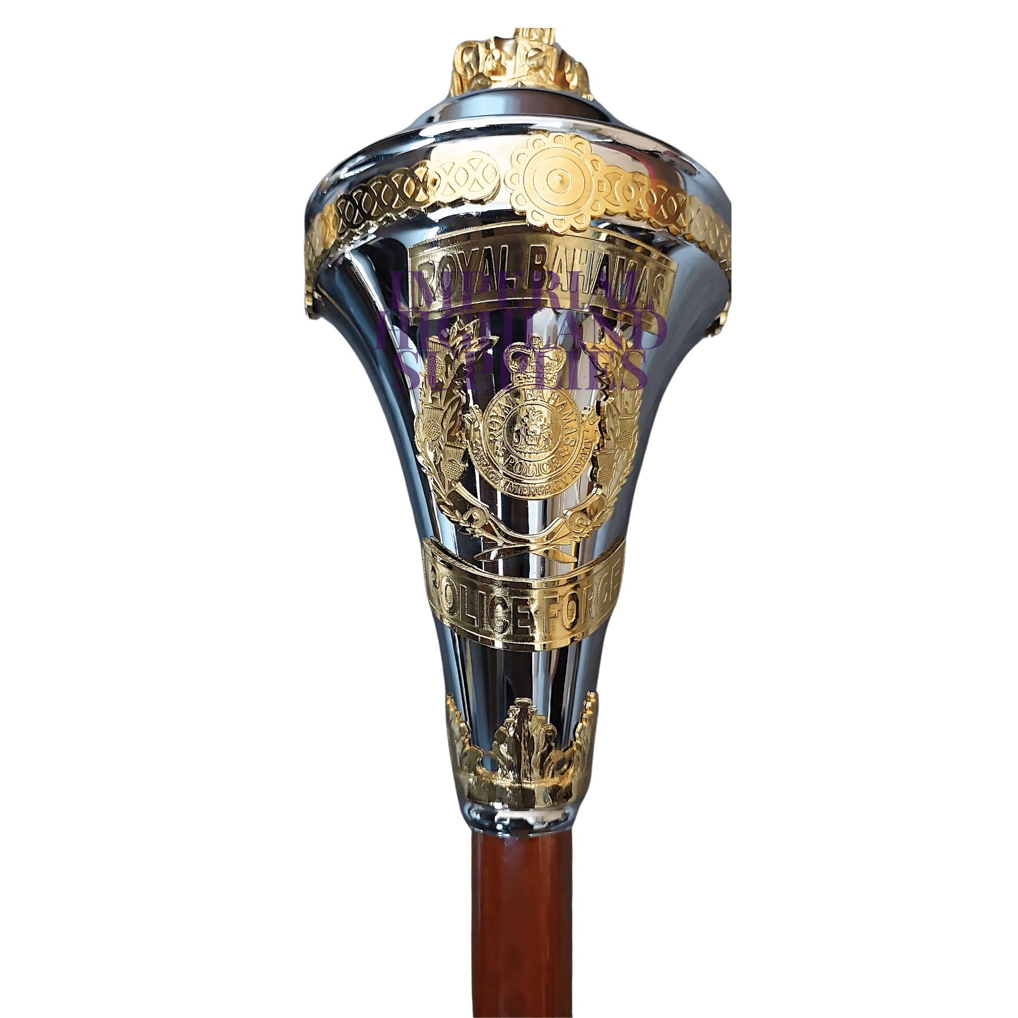 Custom Made Drum Major Mace Stave With Scrolls & Crown Top Royal Bahamas Police Force - Imperial Highland Supplies